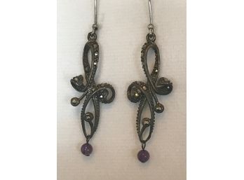 Sterling Silver, Marcasite, And Amethyt Earrings