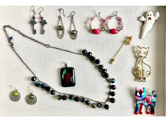 Assorted Costume Pins, Earrings, & Necklace