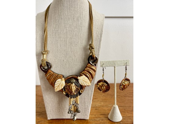 Fired Fantasies Ceramic, Leather, & Beaded Necklace & Earrings