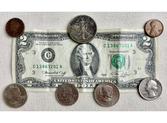 Assorted Vintage US Currency Including 1902 Nickel, 1917 Half Dollar, & 2 Dollar Bill