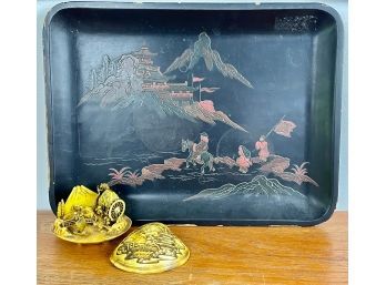 Vintage Lacquer Tray And Carved Marine Scene