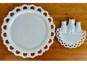 Milk Glass Tray And Owl Wall Hanging