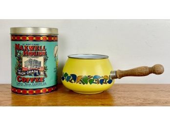 Vintage Maxwell House Coffee Tin & Mid Century Pot With Mushroom Motif
