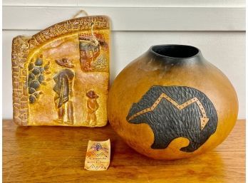 Southwestern Terra Cotta Wall Plaque With Gourd Vessel