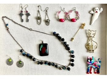 Assorted Costume Pins, Earrings, & Necklace
