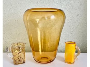 Art Glass Vase And Small Pitchers