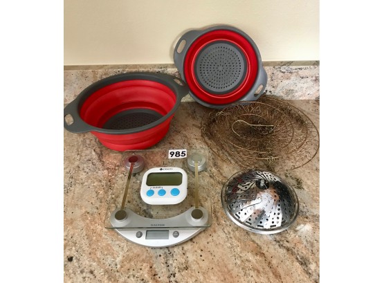 Kitchen Scale, Timer, Collapsible Collanders, Steambasket, & Hanging Basket
