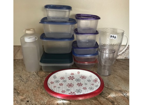 Assorted Plastic Food Storage, Pitcher, & Paper Plates