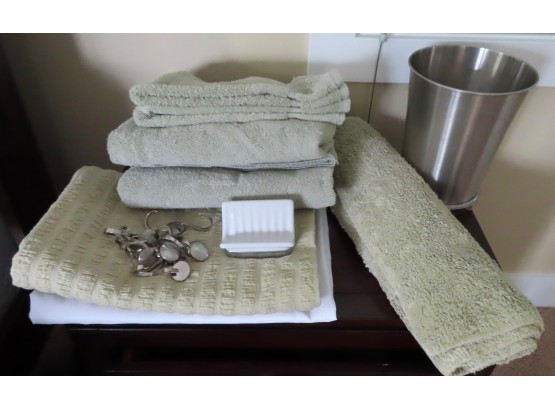 Green Towels, Bath Rug, Shower Curtain, & More