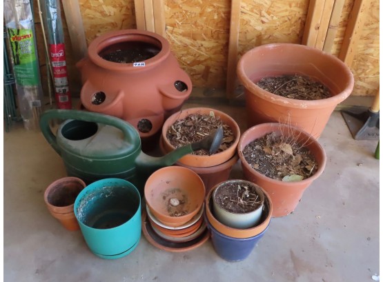 Plastic & Terracotta Planters, And Watering Can