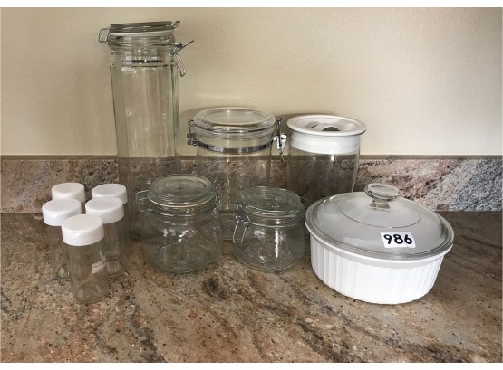 Corining Ware Casserole W/Lid, Cannisters, & Spice Jars