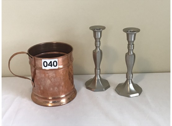 Copper Pitcher & Pewter Candlesticks