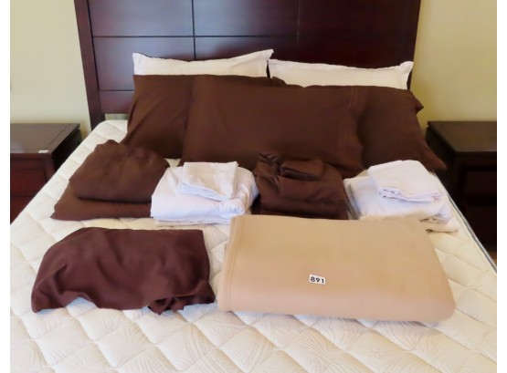 4 Sets Of Matching Queen Sheets, 2 Brown, 2 White, 5 Pillows, Brown Bedskirt, 2 White Shams, & Polar Fleece Bl