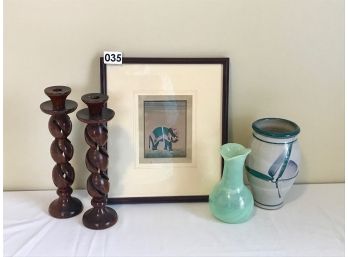 Cool Elephant Picture, Wood Candlesticks, & Vases