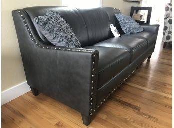 Dark Gray Leather Sofa W/Studded Embellishments & Leather Cleaner/Conditioner