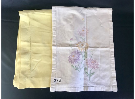 Sweet Vintage Yellow Linen Hemstitch Tablecloth & Embroidered Runner
