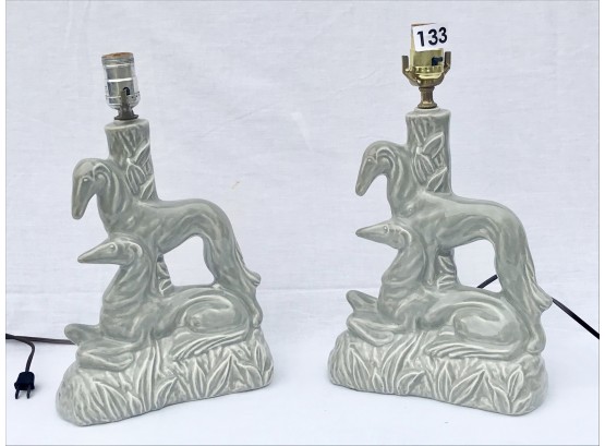 2 Art Nouveau Ceramic Greyhound Table Lamps