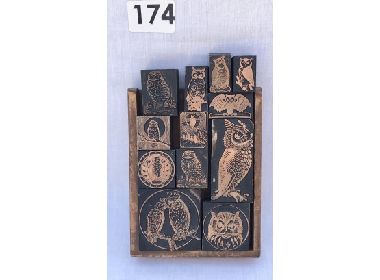 Collection Of Metal Owl Stamps & Frame