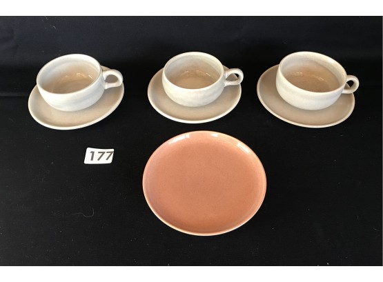 3 Russell Wright Teacups & Saucers In Gray & 1 Side Plate In Coral