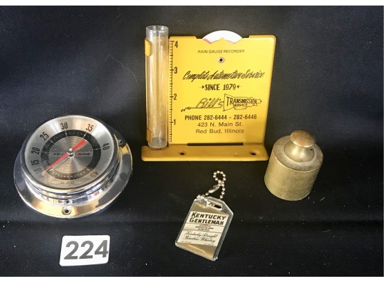 Vintage Advertisment Rain Gauge, 550 Gram Weight, SeaKing Boat Speedometer, & Kentucky Gentleman Key Chain