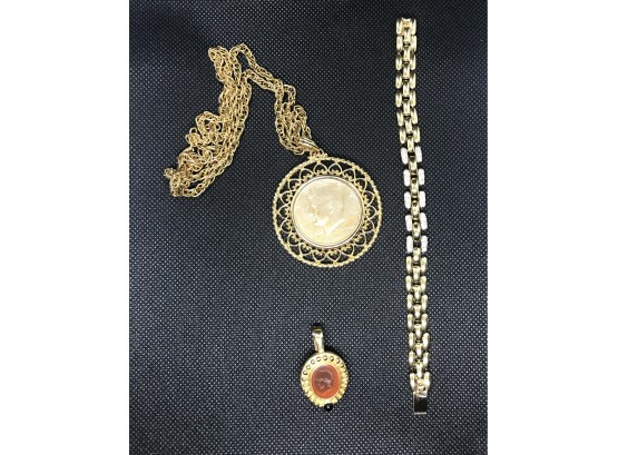 Vintage Intaglio Roman Soldier Pendant, JFK Half Dollar Pendant, & Gold Toned Bracelet