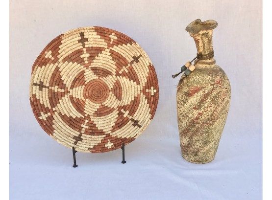 Mexican Pottery & Woven Basket On Stand