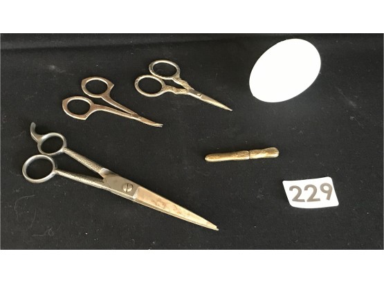 Antique/Vintage Scissors, Needle Case, & Glass Darning Egg