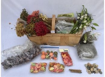 Great Large Basket Filled W/Faux & Dried Flowers, Cones, Leaves, & More