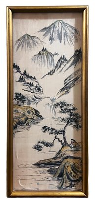 Vintage Chinese Painting On Silk - Mountain Landscape