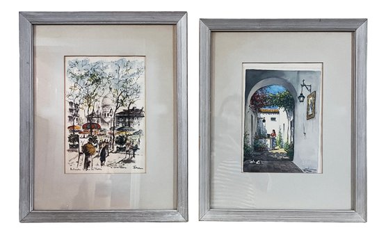 Pair Of Signed Watercolor Paintings, Art Street Scene, Mid Century Modern Vintage