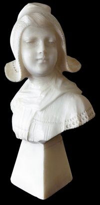 Vintage Alabaster Bust Renaissance Woman Sculpture On Pedestal- Faint Signature