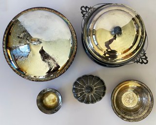SILVER ITEMS- Lot Of 5, 2 Bowls With Glass Inserts & Lids. 2 Small Decorative Bowls, & 1 Silver Box With Lid