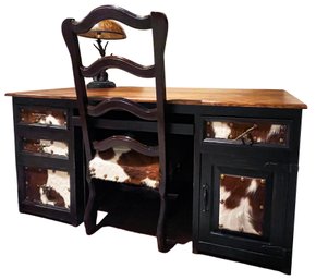 PINE DESK & CHAIR WITH COWHIDE- Bear Lamp Is Included