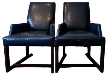 BLUE LEATHER AND PLAID CHAIRS
