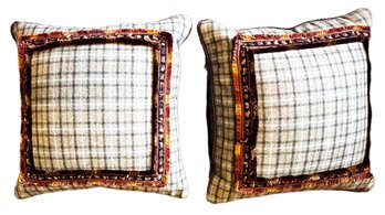 PAIR OF PLAID WOOL PILLOWS- With Leather Cording