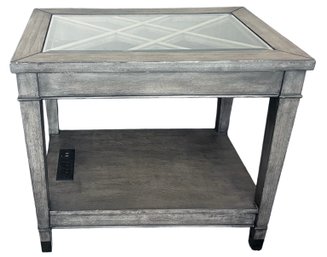 Side Table With Electrical & USB Outlets, In Gray Finish And With A Glass Top