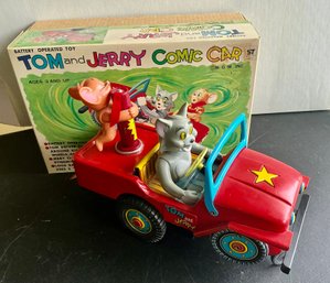 MASUDAYA TIN TOM & JERRY COMIC ACTION BATTERY OP CAR JAPAN MODERN TOYS W/bOX- WORKS-WE CAN SHIP!