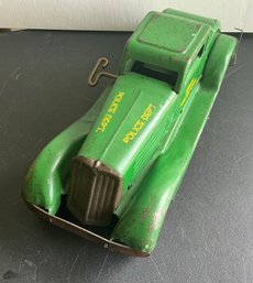 LOUIS MARX UNSIGNED WINDUP TOY SIREN POLICE CAR 14.5' PRESSED STEEL GREEN 1930'S- WORKS- WE CAN SHIP!