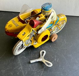 1950'S POLICE MOTORCYCLE W/ SIDE CAR WIND UP TIN TOY #3 MARX- WE CAN SHIP!