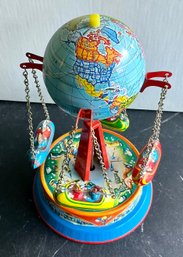 FLIGHT AROUND THE WORLD LEVER WIND TIN TOY PLANE GLOBE CAROUSEL GERMANY WORKS- WE CAN SHIP!