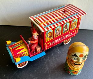 J CHEIN CLOWN BANK & MODERN TOYS TIN WORLD CIRCUS TRUCK FRICTION- WE CAN SHIP!