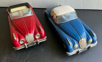 2 JAPAN BANDAI TIN FRICTION CONVERTIBLE & HARDTOP JAGUARS CARS WORKS- WE CAN SHIP!