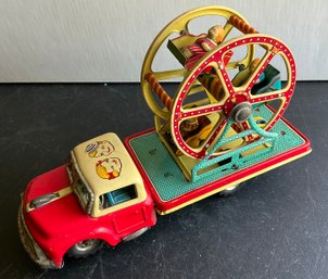 JAPAN VINTAGE FRICTION TIN TOY CIRCUS TRUCK W FERRIS WHEEL NOMURA T.N.-WE CAN SHIP!