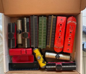 14 PIECE TIN TRAIN ASSORTMENT IN BOX, SEE PICTURES FOR WHAT'S INCLUDED - WE CAN SHIP!