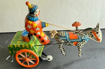 1960'S USSR  RUSSIAN WIND UP TIN CIRCUS CLOWN ON CART WITH BUCKING PONY WORKS- WE CAN SHIP!