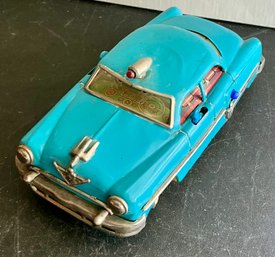 ELECTROMOBILE TIN TOY CAR BATTERY OPERATED OLDSMOBILE BLUE POLICE COP CAR WORKS -,WE CAN SHIP!