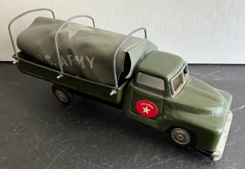 TIN 1950'S LINEMAR ARMY TRUCK FRICTION HJAPAN MILITARY TOY WORKS- WE CAN SHIP!