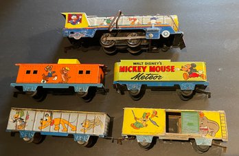 WALT DISNEY MICKEY MOUSE METEOR 5 PC TRAIN SET MARX Mar WIND-UP WITH KEY Marlines Tin Litho - WE CAN SHIP!