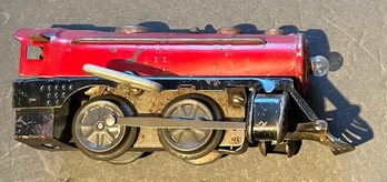 Wind-Up Red O-Scale Tin Train Locomotive W/ Open Spoke Cow Catcher - WE CAN SHIP!