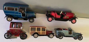 VINTAGE LOT Of 5 FRICTION TIN TOY CARS UNTESTED- PLEASE READ AND USE PHOTOS FOR DESCRIPTION